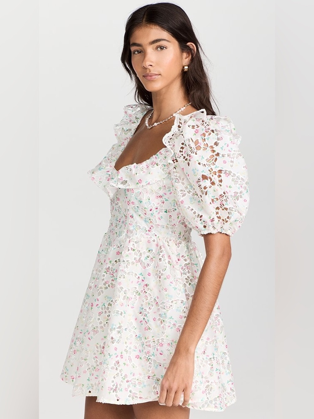 NWT For Love & Lemons Magnolia Mini Dress Floral Eyelet Puffy Sleeve- Small